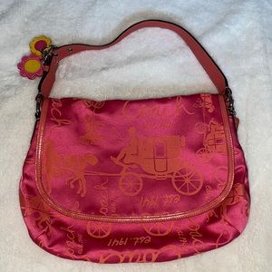 Coach Magenta Orange Large Carriage Print Flap Handbag Purse